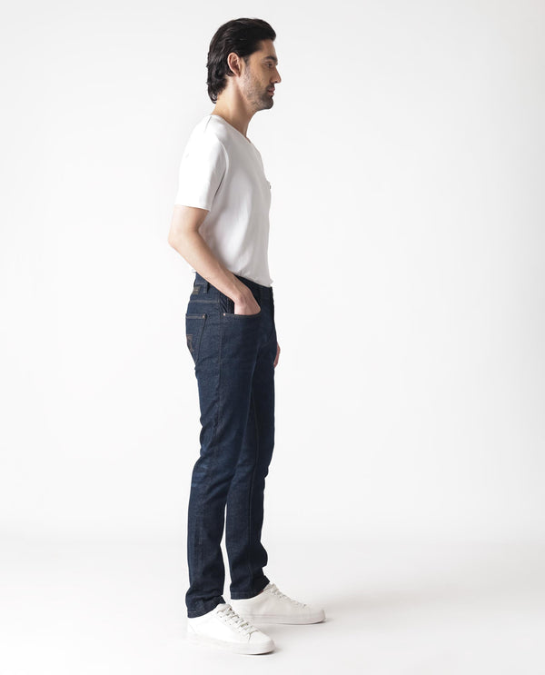 Rare Rabbit Mens Toledo Navy Mid Rise Rinse Wash Slim Fit Raw Denim Jeans