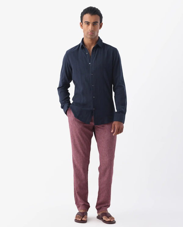 Rare Rabbit Mens Tolic Navy Full Sleeve Linen Fabric Stripe Print Shirt