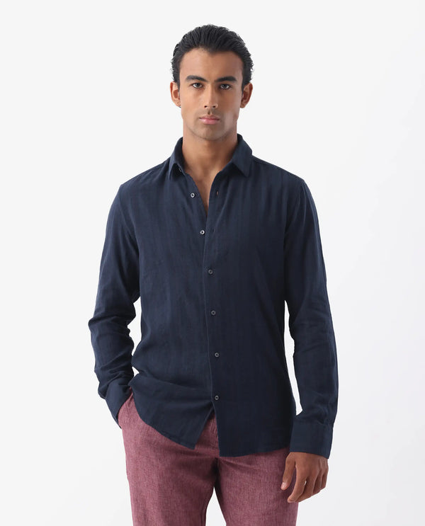 Rare Rabbit Mens Tolic Navy Full Sleeve Linen Fabric Stripe Print Shirt