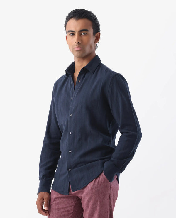 Rare Rabbit Mens Tolic Navy Full Sleeve Linen Fabric Stripe Print Shirt