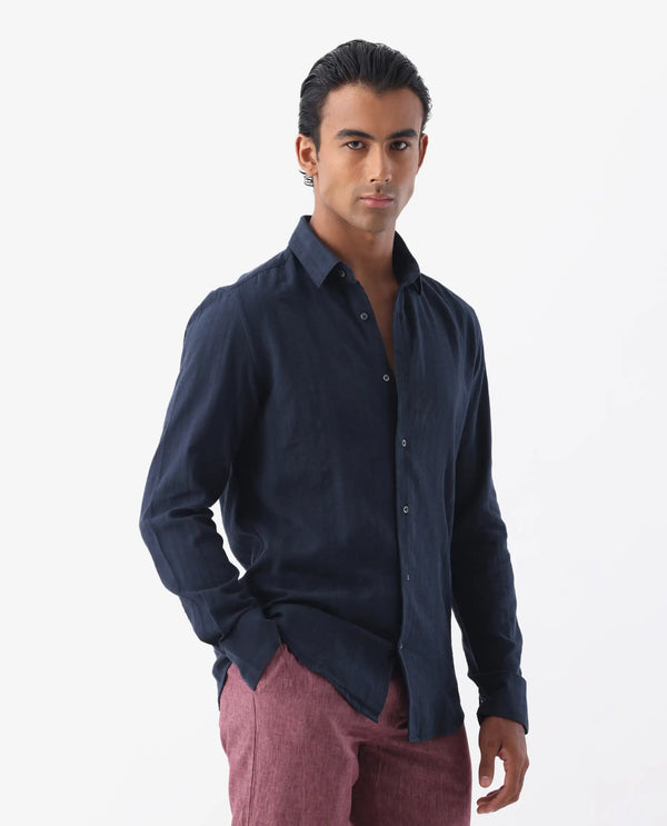 Rare Rabbit Mens Tolic Navy Full Sleeve Linen Fabric Stripe Print Shirt