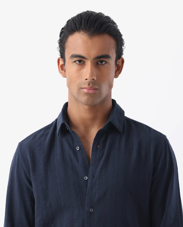 Rare Rabbit Mens Tolic Navy Full Sleeve Linen Fabric Stripe Print Shirt