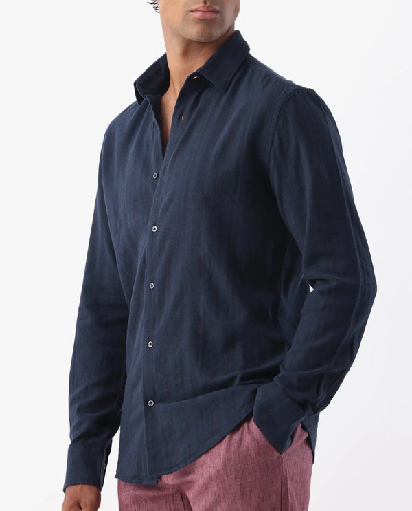 Rare Rabbit Mens Tolic Navy Full Sleeve Linen Fabric Stripe Print Shirt