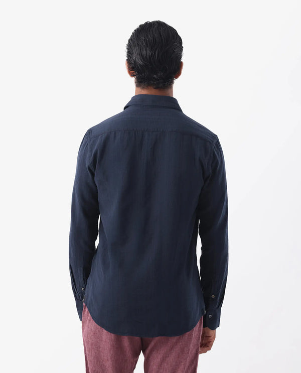 Rare Rabbit Mens Tolic Navy Full Sleeve Linen Fabric Stripe Print Shirt
