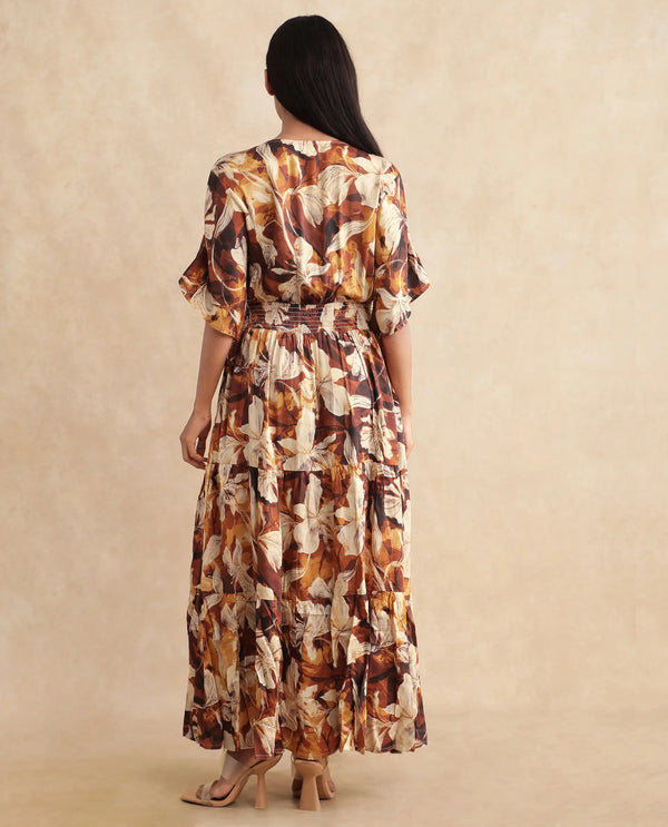 Rareism Women Toluca Light Brown Bell Sleeves V-Neck Tiered Floral Print Maxi Dress