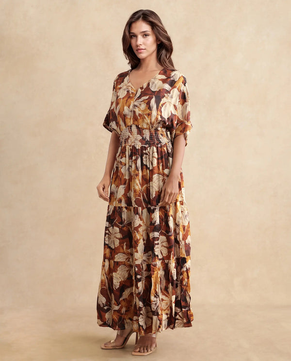 Rareism Women Toluca Light Brown Bell Sleeves V-Neck Tiered Floral Print Maxi Dress