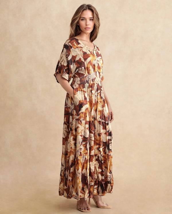Rareism Women Toluca Light Brown Bell Sleeves V-Neck Tiered Floral Print Maxi Dress