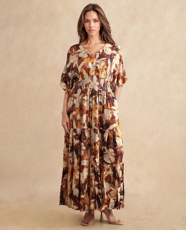 Rareism Women Toluca Light Brown Bell Sleeves V-Neck Tiered Floral Print Maxi Dress