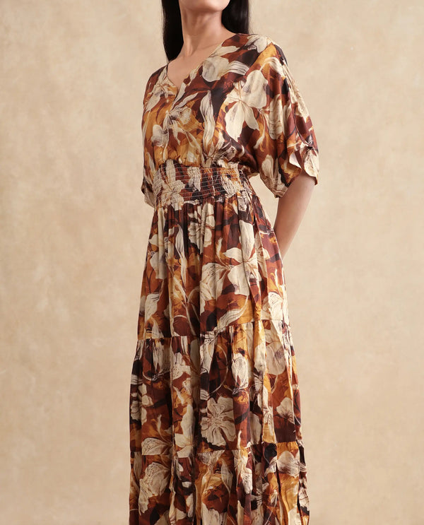 Rareism Women Toluca Light Brown Bell Sleeves V-Neck Tiered Floral Print Maxi Dress