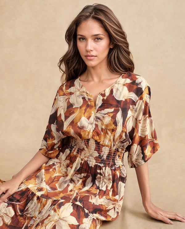 Rareism Women Toluca Light Brown Bell Sleeves V-Neck Tiered Floral Print Maxi Dress