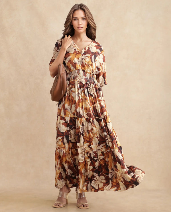 Rareism Women Toluca Light Brown Bell Sleeves V-Neck Tiered Floral Print Maxi Dress