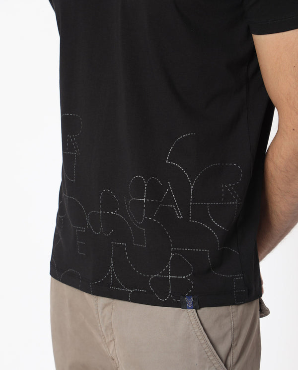 Rare Rabbit Men's Tona Black Crew Neck Half Sleeves Regular Fit Monogram Placement Print T-Shirt