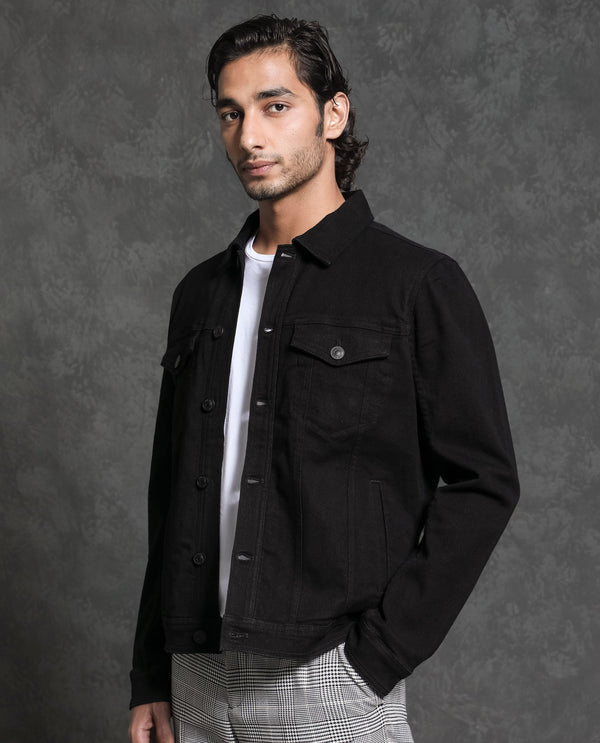 Rare Rabbit Men's Tonk Black Plain Trucker Jacket