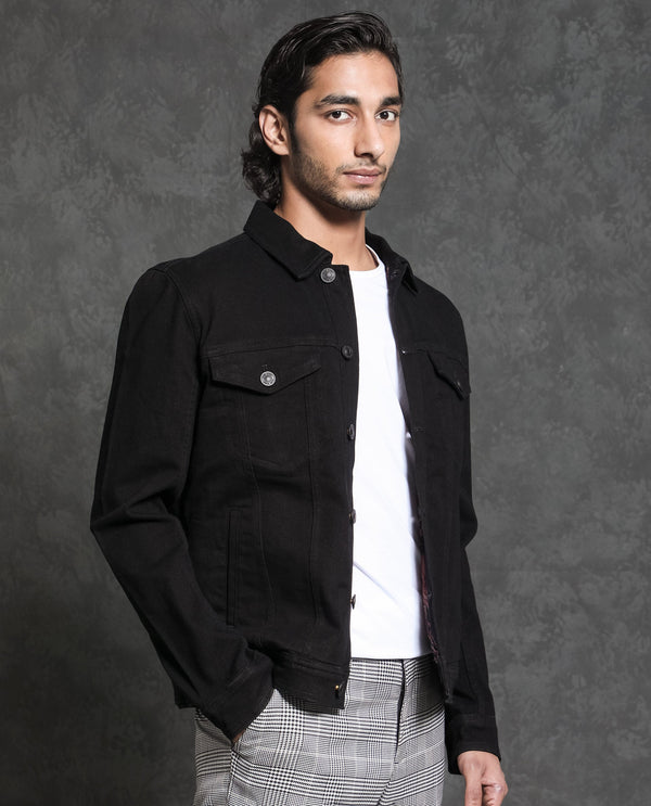 Rare Rabbit Men's Tonk Black Plain Trucker Jacket