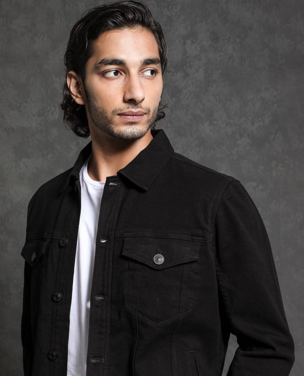 Rare Rabbit Men's Tonk Black Plain Trucker Jacket