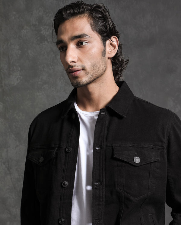 Rare Rabbit Men's Tonk Black Plain Trucker Jacket