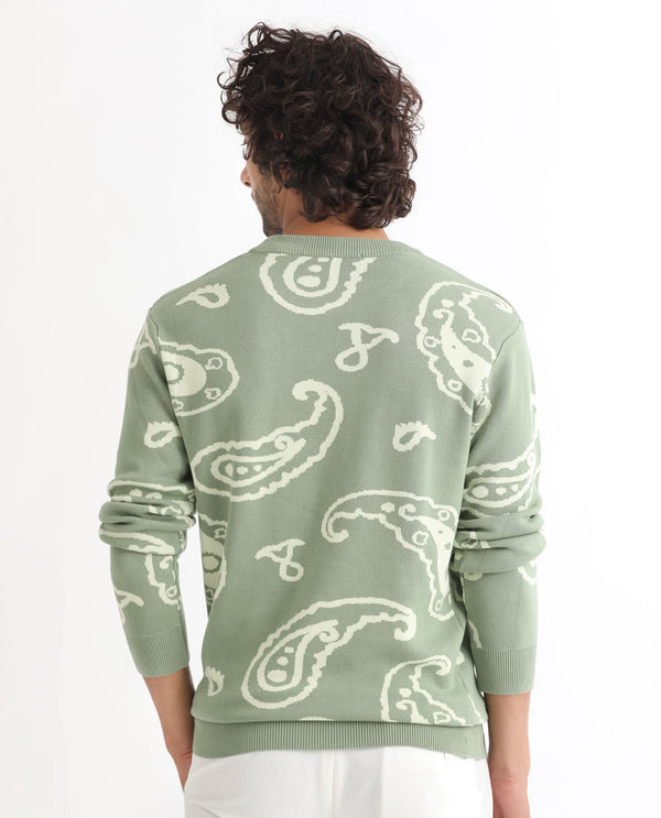 Rare Rabbit Mens Tori Light Green Viscose Nylon Fabric Crew Neck Full Sleeves Paisley Print Sweater