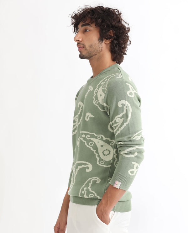 Rare Rabbit Mens Tori Light Green Viscose Nylon Fabric Crew Neck Full Sleeves Paisley Print Sweater