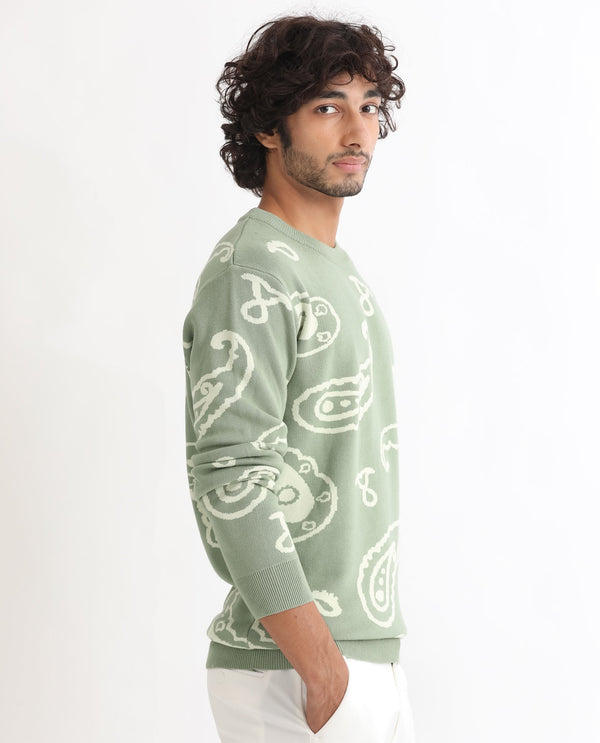 Rare Rabbit Mens Tori Light Green Viscose Nylon Fabric Crew Neck Full Sleeves Paisley Print Sweater