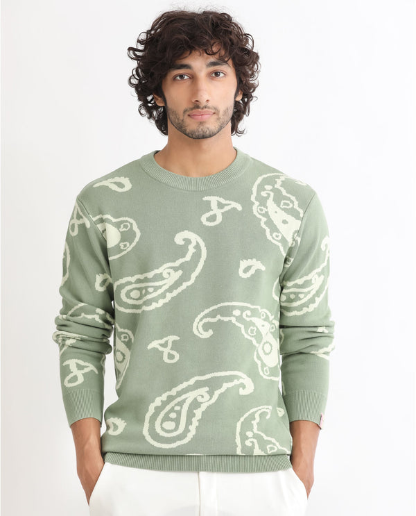 Rare Rabbit Mens Tori Light Green Viscose Nylon Fabric Crew Neck Full Sleeves Paisley Print Sweater