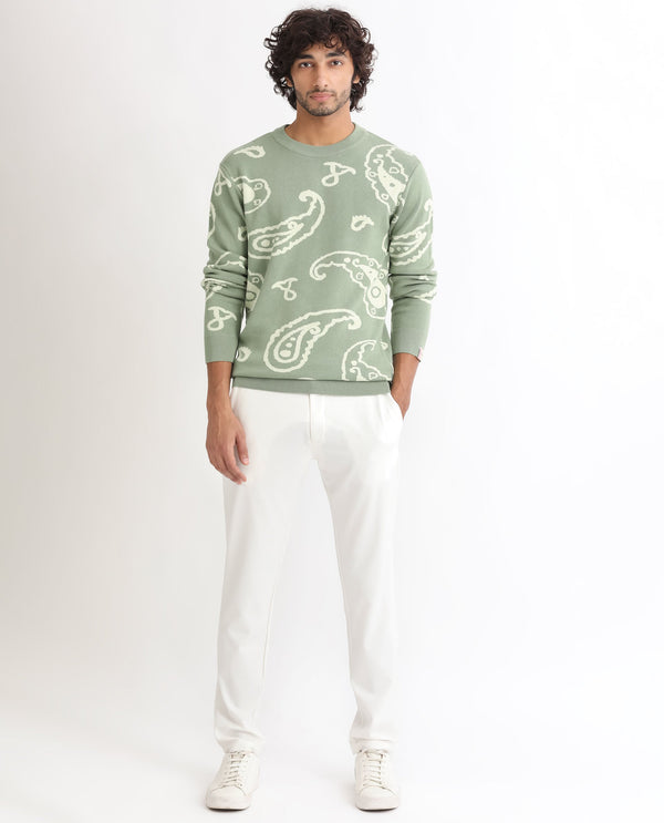 Rare Rabbit Mens Tori Light Green Viscose Nylon Fabric Crew Neck Full Sleeves Paisley Print Sweater