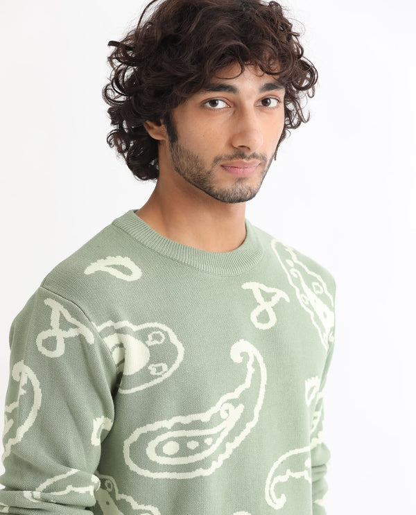 Rare Rabbit Mens Tori Light Green Viscose Nylon Fabric Crew Neck Full Sleeves Paisley Print Sweater