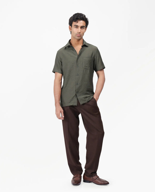Rare Rabbit Men Torit Dark Olive Viscose Blend Fabric Half Sleeve Spread Collar Button Closure Plain Shirt