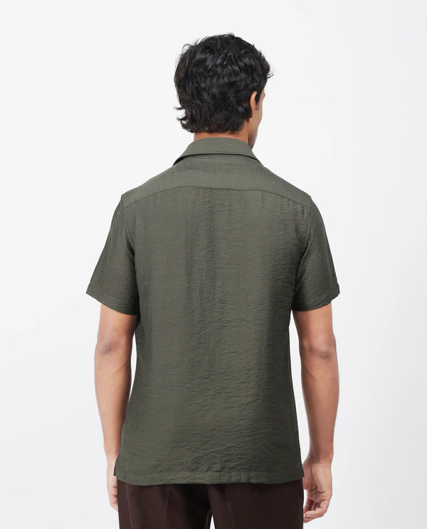 Rare Rabbit Men Torit Dark Olive Viscose Blend Fabric Half Sleeve Spread Collar Button Closure Plain Shirt
