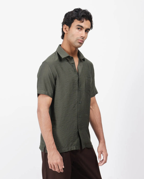Rare Rabbit Men Torit Dark Olive Viscose Blend Fabric Half Sleeve Spread Collar Button Closure Plain Shirt