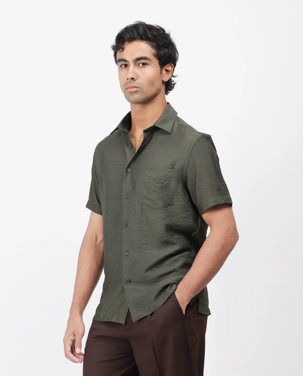 Rare Rabbit Men Torit Dark Olive Viscose Blend Fabric Half Sleeve Spread Collar Button Closure Plain Shirt