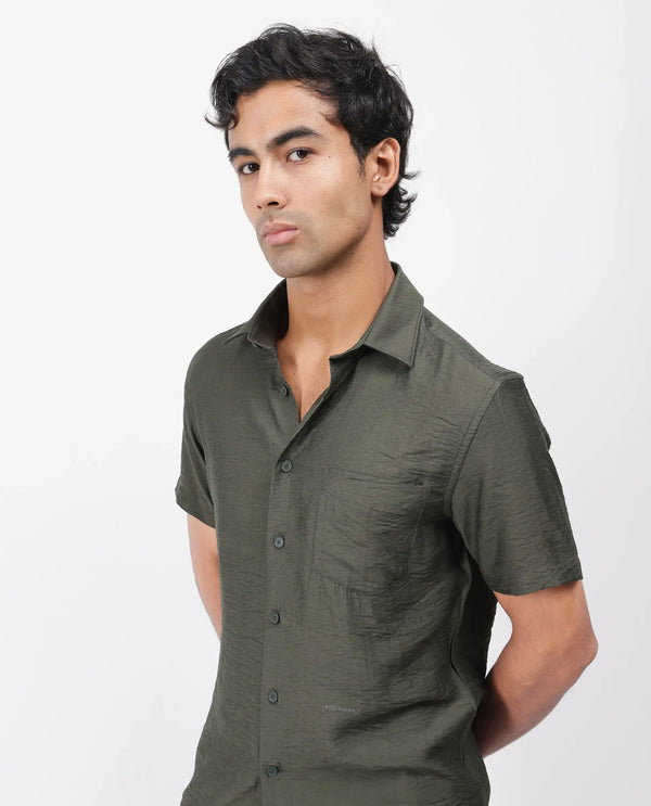 Rare Rabbit Men Torit Dark Olive Viscose Blend Fabric Half Sleeve Spread Collar Button Closure Plain Shirt