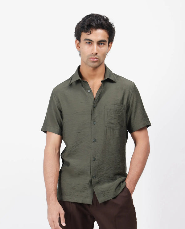 Rare Rabbit Men Torit Dark Olive Viscose Blend Fabric Half Sleeve Spread Collar Button Closure Plain Shirt