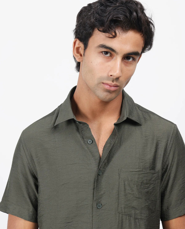 Rare Rabbit Men Torit Dark Olive Viscose Blend Fabric Half Sleeve Spread Collar Button Closure Plain Shirt