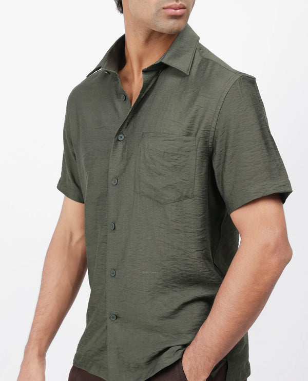 Rare Rabbit Men Torit Dark Olive Viscose Blend Fabric Half Sleeve Spread Collar Button Closure Plain Shirt