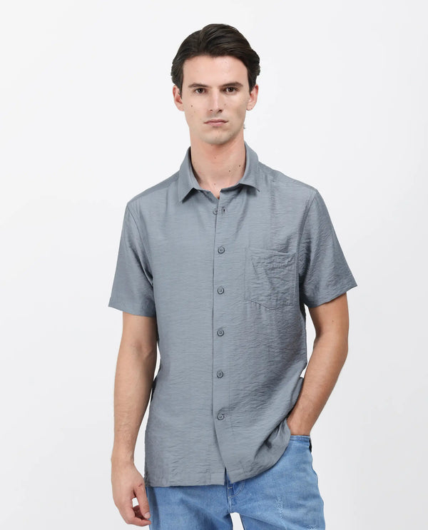 Rare Rabbit Men Torit Dusky Blue Viscose Blend Half Sleeve Spread Collar Button Closure Plain Shirt
