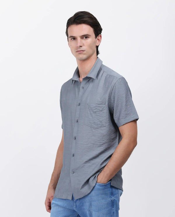 Rare Rabbit Men Torit Dusky Blue Viscose Blend Half Sleeve Spread Collar Button Closure Plain Shirt