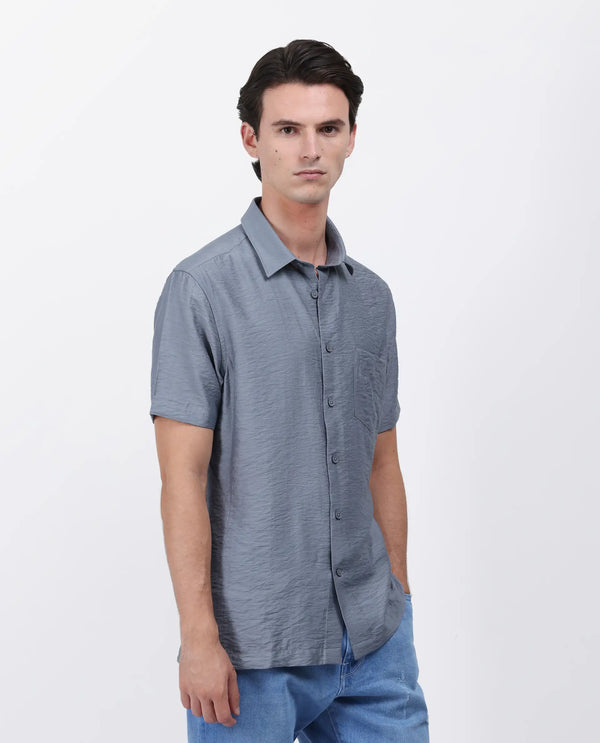 Rare Rabbit Men Torit Dusky Blue Viscose Blend Half Sleeve Spread Collar Button Closure Plain Shirt
