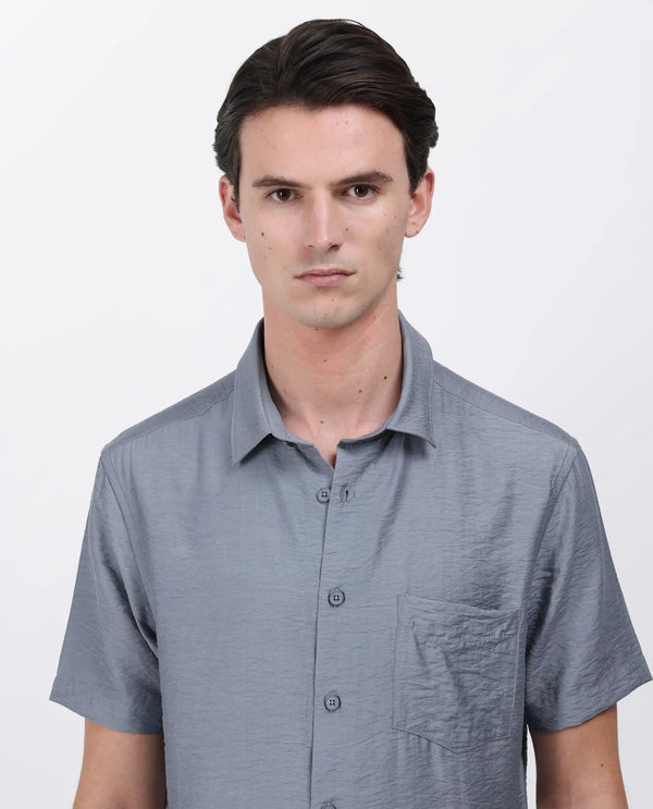 Rare Rabbit Men Torit Dusky Blue Viscose Blend Half Sleeve Spread Collar Button Closure Plain Shirt