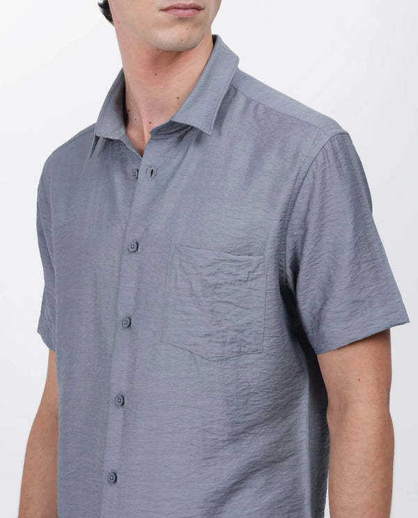 Rare Rabbit Men Torit Dusky Blue Viscose Blend Half Sleeve Spread Collar Button Closure Plain Shirt