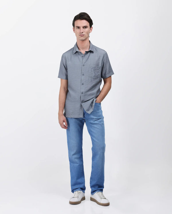 Rare Rabbit Men Torit Dusky Blue Viscose Blend Half Sleeve Spread Collar Button Closure Plain Shirt