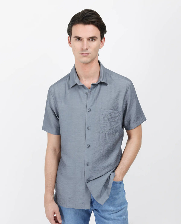 Rare Rabbit Men Torit Dusky Blue Viscose Blend Half Sleeve Spread Collar Button Closure Plain Shirt