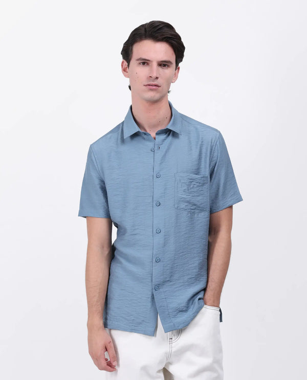 Rare Rabbit Men Torit Light Blue Viscose Blend Half Sleeve Spread Collar Button Closure Plain Shirt