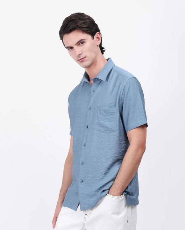 Rare Rabbit Men Torit Light Blue Viscose Blend Half Sleeve Spread Collar Button Closure Plain Shirt