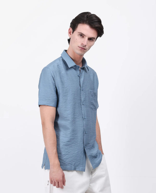 Rare Rabbit Men Torit Light Blue Viscose Blend Half Sleeve Spread Collar Button Closure Plain Shirt