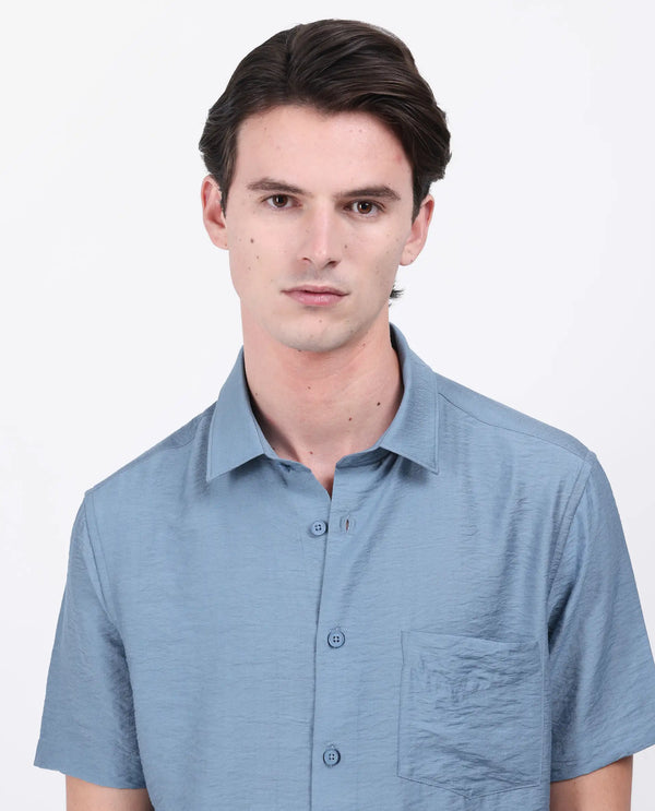 Rare Rabbit Men Torit Light Blue Viscose Blend Half Sleeve Spread Collar Button Closure Plain Shirt