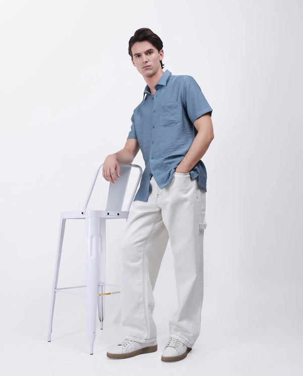 Rare Rabbit Men Torit Light Blue Viscose Blend Half Sleeve Spread Collar Button Closure Plain Shirt