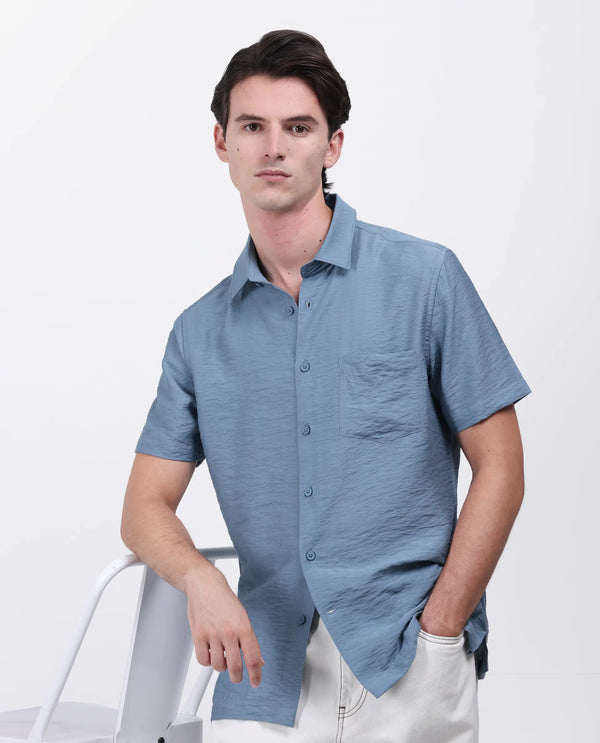 Rare Rabbit Men Torit Light Blue Viscose Blend Half Sleeve Spread Collar Button Closure Plain Shirt