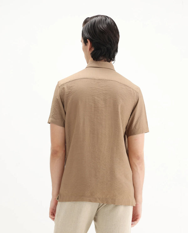 Rare Rabbit Men Torit Pastel Brown Viscose Blend Fabric Half Sleeve Spread Collar Button Closure Plain Shirt