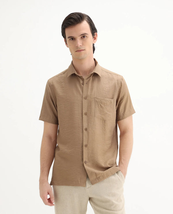 Rare Rabbit Men Torit Pastel Brown Viscose Blend Fabric Half Sleeve Spread Collar Button Closure Plain Shirt