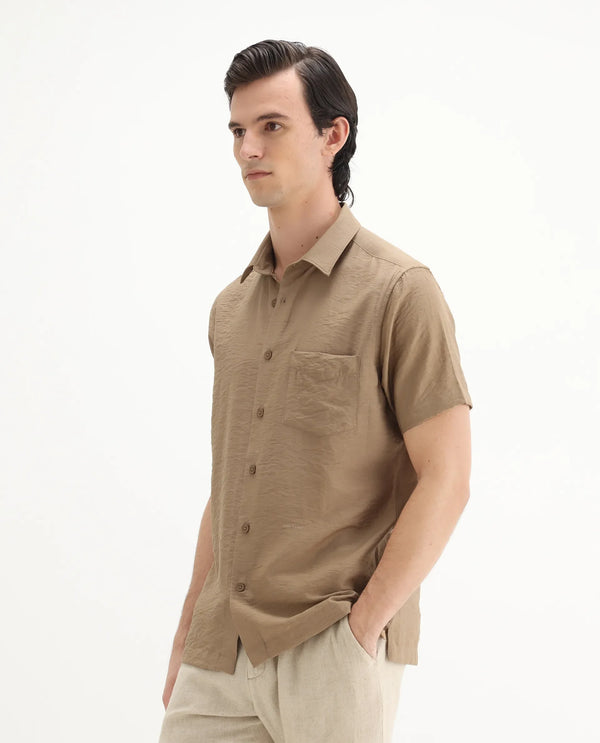 Rare Rabbit Men Torit Pastel Brown Viscose Blend Fabric Half Sleeve Spread Collar Button Closure Plain Shirt